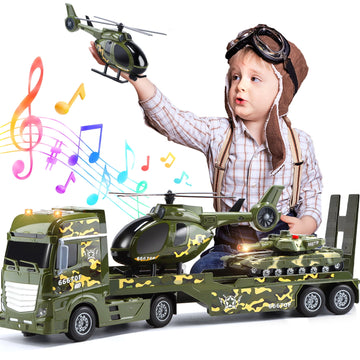 JoyStone 3 in 1 Green Military Big Truck Toys, Military Transport Truck Toy with Helicoper and Tank, Gift for 3+ Kids