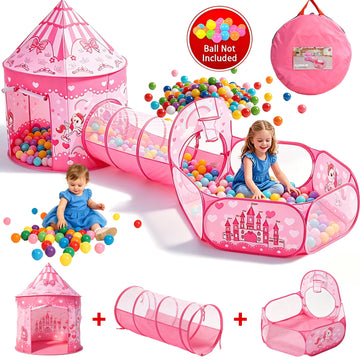 JoyStone 3-in-1 Kids Princess Play Tent with Tunnel & Ball Pit, Pop Up Playhouse for Toddlers, Indoor & Outdoor Toy, Foldable with Carrying Bag, Pink (Balls Not Included)