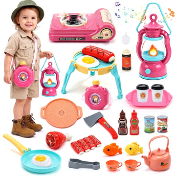 JoyStone 30PCS Kids Camping Tent Playset, Pretend Camping Toy Set with Light & Sound Lantern, Campfire & Stove, Play Food Accessories, Storage Bag, Outdoor Role Play Gift for Kids 3+, Pink