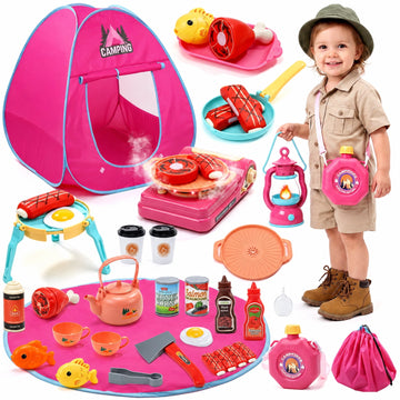 JoyStone 32PCS Kids Camping Playset with Tent and Picnic Mat, Pink Pretend Camping Set with Mist Stove, Light & Sound Camping Lantern, Shoulder Strap Kettle, Indoor Outdoor Toys for Kids Ages 3+