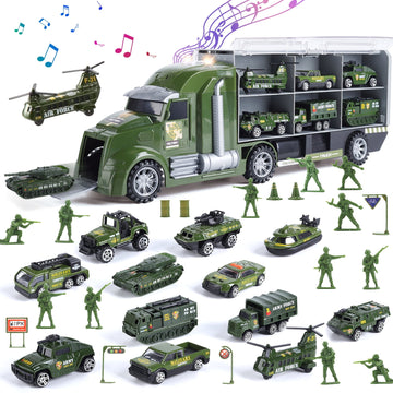 JoyStone 33 in 1 Green Big  Truck Toy, Military Toy Truck with Soldiers and Roadblocks, Mini Battle Truck Toy in Carrier Truck with Lights and Sounds, Gift for Toddler Boys Aged 3+