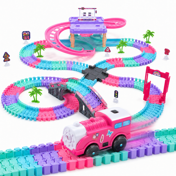 JoyStone 228PCS Race Track Toys for Kids, DIY Flexible Train Track Set with Electric Locomotive, Gas Station and Ramps, Railway Building Toy