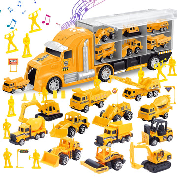 JoyStone 33 in1 Die-cast Construction Play Vehicle Set, Play Vehicles with Sounds and Lights, Alloy Metal Car Transporter Storage Truck, Birthday Gifts for Toddlers Kids Boys & Girls, Yellow