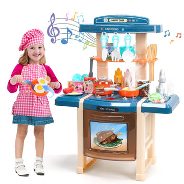 JoyStone 33PCS Kids Kitchen Playset,Play Kitchen Toy with Realistic Lights & Sounds,Pretend Steam,Play Sink & Oven and Other Kitchen Accessories Set for Toddlers,Blue