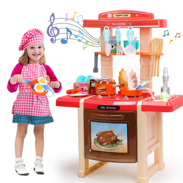 JoyStone 33PCS Kids Kitchen Playset,Play Kitchen Toy with Realistic Lights & Sounds,Pretend Steam,Play Sink & Oven and Other Kitchen Accessories Set for Toddlers,Red