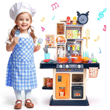 JoyStone 33PCS Kids Kitchen Playset,Play Kitchen Toy with Realistic Lights & Sounds,Pretend Steam,Play Sink & Oven and Other Kitchen Accessories Set for Toddlers,Blue