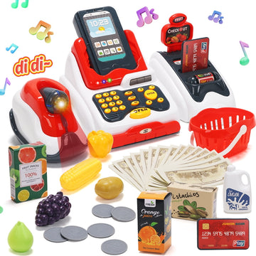 JoyStone 33PCS Pretend Play Smart Cash Register Toy with Checkout Scanner,Fruit Card Reader, Credit Card Machine, Play Money and Food Shopping Play Set, Educational Gifts Toys for Kids