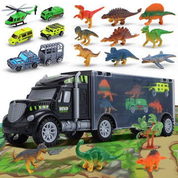 JoyStone Dinosaurs Truck, Dino Transport Car Carrier Truck Toy with 12 Mini Dinosaur Figures and 4 Cars, Dino Park Toy Birthday Gift for 3+ Year Old Boys and Toddlers