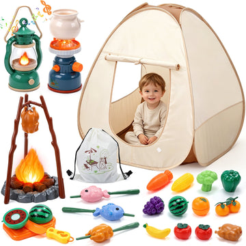 JoyStone 34PCS Kids Camping Tent Playset, Pretend Camping Toy Set with Light & Sound Lantern, Campfire & Stove, Play Food Accessories, Storage Bag, Indoor Outdoor Role Play Gift for Kids 3+