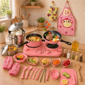 JoyStone 38 PCS Kids Real Cooking Set with Dual Burner Stove, Montessori Kitchen Tools with Kid-Safe Knives & Cookware, Beginner Educational Cooking Kit for Boys Girls Age 8–12, Pink