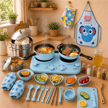 JoyStone 38 PCS Kids Real Cooking Set with Dual Burner Stove, Montessori Kitchen Tools with Kid-Safe Knives & Cookware, Beginner Educational Cooking Kit for Boys Girls Age 8–12, Blue