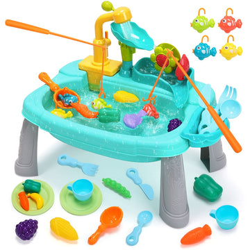 JoyStone 38PCS Play Sink with Running Water with Electric Faucet, Play Food, Fishing Game, Mini Water Table Indoor & Outdoor Sensory Toys for Girls and Boys 3-8 Years, Green