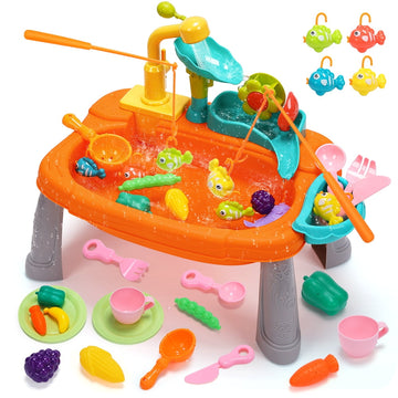 JoyStone 38PCS Play Sink with Running Water with Electric Faucet, Play Food, Fishing Game, Mini Water Table Indoor & Outdoor Sensory Toys for Girls and Boys 3-8 Years, Orange