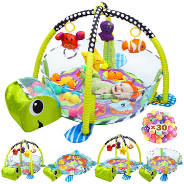 JoyStone 4 IN 1 Turtle Baby Play Gym Activity Mat with 30 Balls, 4 Detachable Sound Toys, Baby Sensory Mat for for Toddler Infant 0-12 Months, Newborn Gift for Boys and Girls, Green
