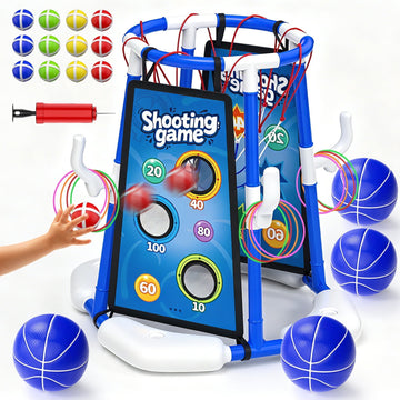 JoyStone 4-in-1 Floating Pool Basketball Hoop Set, Pool Toys with 4 Basketballs, Ring Toss and Sticky Ball Toss, Outdoor Summer Pool Games for Kids, Blue