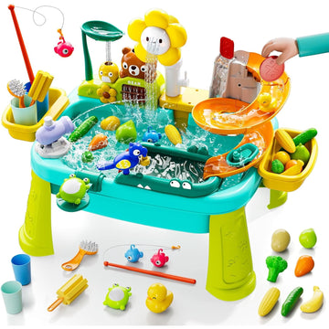JoyStone 4-in-1 Toddler Sand Water Table with Electric Pump, 23.22” Kids Kitchen Sink Water Table with Fishing Toys & Play Food, Outdoor Play Table for Boys Girls Age 3+