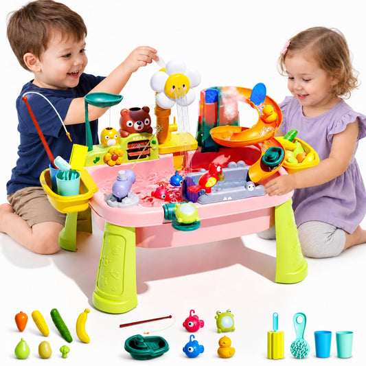 JoyStone 4-in-1 Toddler Sand Water Table with Electric Pump, 23.22” Kids Kitchen Sink Water Table with Fishing Toys & Play Food, Outdoor Play Table for Boys Girls Age 3+, Pink