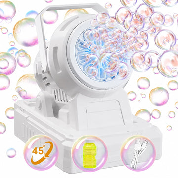 JoyStone White Automatic Bubble Machine with Lights, Adjustable Angle, Dual Power USB or Battery, Includes Bubble Solution, Outdoor Bubble Blower for Kids