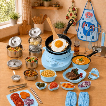 JoyStone 45 PCS Kids Real Cooking Set, Montessori Kitchen Tools with Kid Safe Knives & Utensils, Beginner Food Making Kit Educational Toy for Boys Girls Age 8-12, Blue