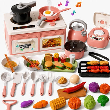 JoyStone 66PCS Kids Pretend Play Kitchen Set with Lights, Sounds & Mist, Rice Cooker, BBQ Grill, Cookware & Cutting Food, Pink