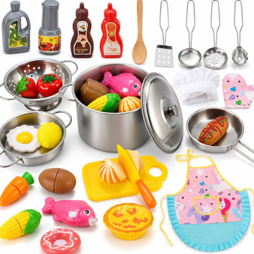 JoyStone Kids Cooking Playset, Stainless Steel Pots and Pans Pretend Play Kitchen Toy Set with Apron, Chef Hat, Cuttable Food and Seasoning Bottles for Age 3+, Pink