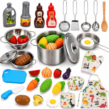 JoyStone Kids Cooking Playset, Stainless Steel Pots and Pans Pretend Play Kitchen Toy Set with Apron, Chef Hat, Cuttable Food and Seasoning Bottles for Age 3+