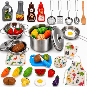 JoyStone Kids Cooking Playset, Stainless Steel Pots and Pans Pretend Play Kitchen Toy Set with Apron, Chef Hat, Cuttable Food and Seasoning Bottles for Age 3+