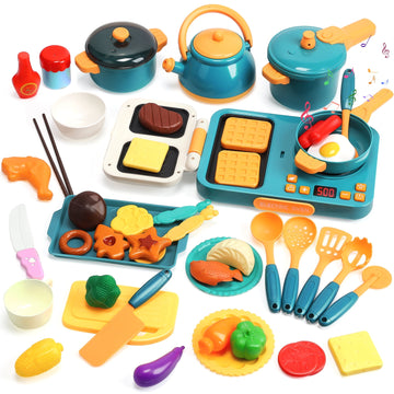 JoyStone 46Pcs Kids Pretend Play Kitchen Accessories Playset with Light and Sound, Play Pots and Pans, Utensils Cooking Toys, Play Kitchen Toys for Girls Boys, Green