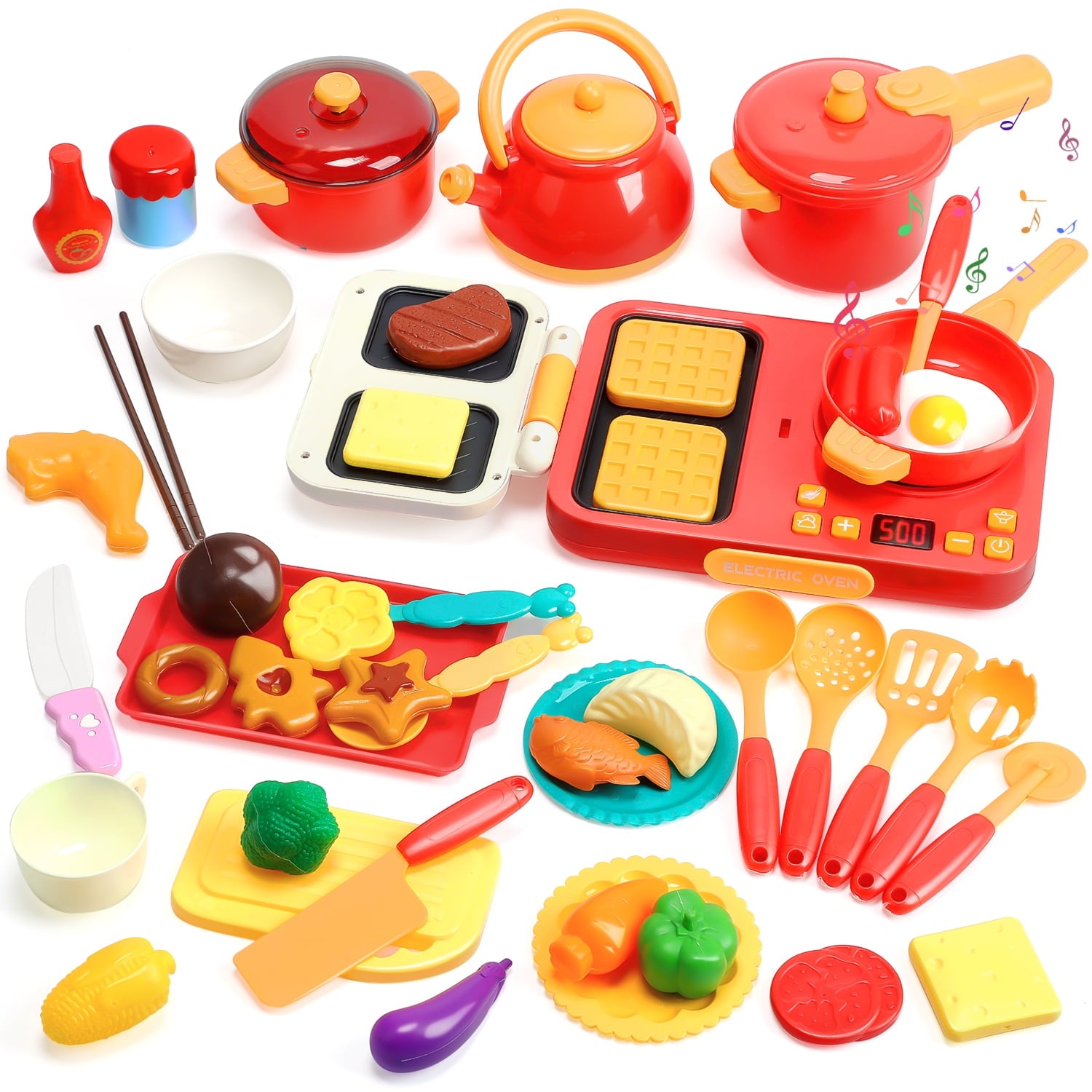 JoyStone 46Pcs Kids Pretend Play Kitchen Accessories Playset with Light and Sound, Play Pots and Pans, Utensils Cooking Toys, Play Kitchen Toys for Girls Boys