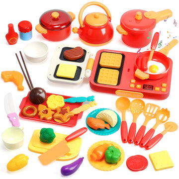 JoyStone 46Pcs Kids Pretend Play Kitchen Accessories Playset with Light and Sound, Play Pots and Pans, Utensils Cooking Toys, Play Kitchen Toys for Girls Boys