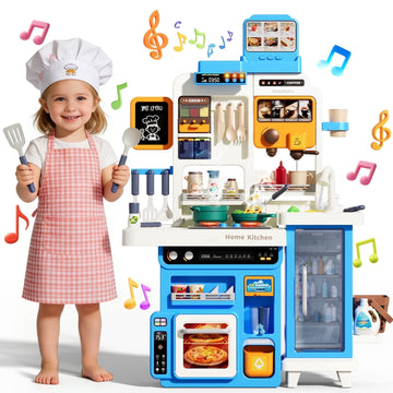 JoyStone 78PCS Large Kids Play Kitchen Set for Toddlers, 35.43 in Pretend Cooking Toy Kitchen with Interactive Menu, Water Play Coffee Maker, Lights Sounds Music for Kids 3+, Blue