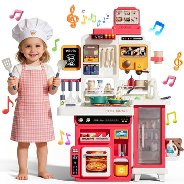 JoyStone 78PCS Large Kids Play Kitchen Set for Toddlers, 35.43 in Pretend Cooking Toy Kitchen with Interactive Menu, Water Play Coffee Maker, Lights Sounds Music for Kids 3+, Blue