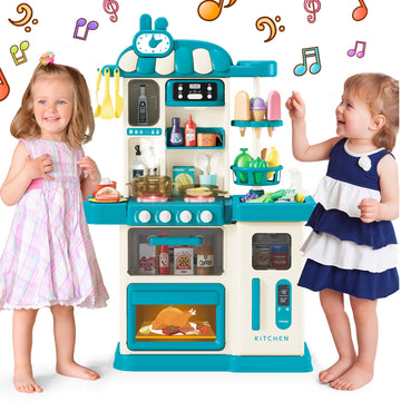 JoyStone 48PCS Kids Kitchen Playset,Play Kitchen Toy with Realistic Lights & Sounds,Pretend Steam, Play Sink & Oven, Pretend Play Food with Toddler