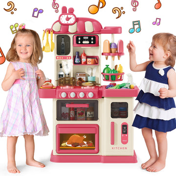 JoyStone 48PCS Kids Kitchen Playset,Play Kitchen Toy with Realistic Lights & Sounds,Pretend Steam, Play Sink & Oven, Pretend Play Food with Toddler,Red