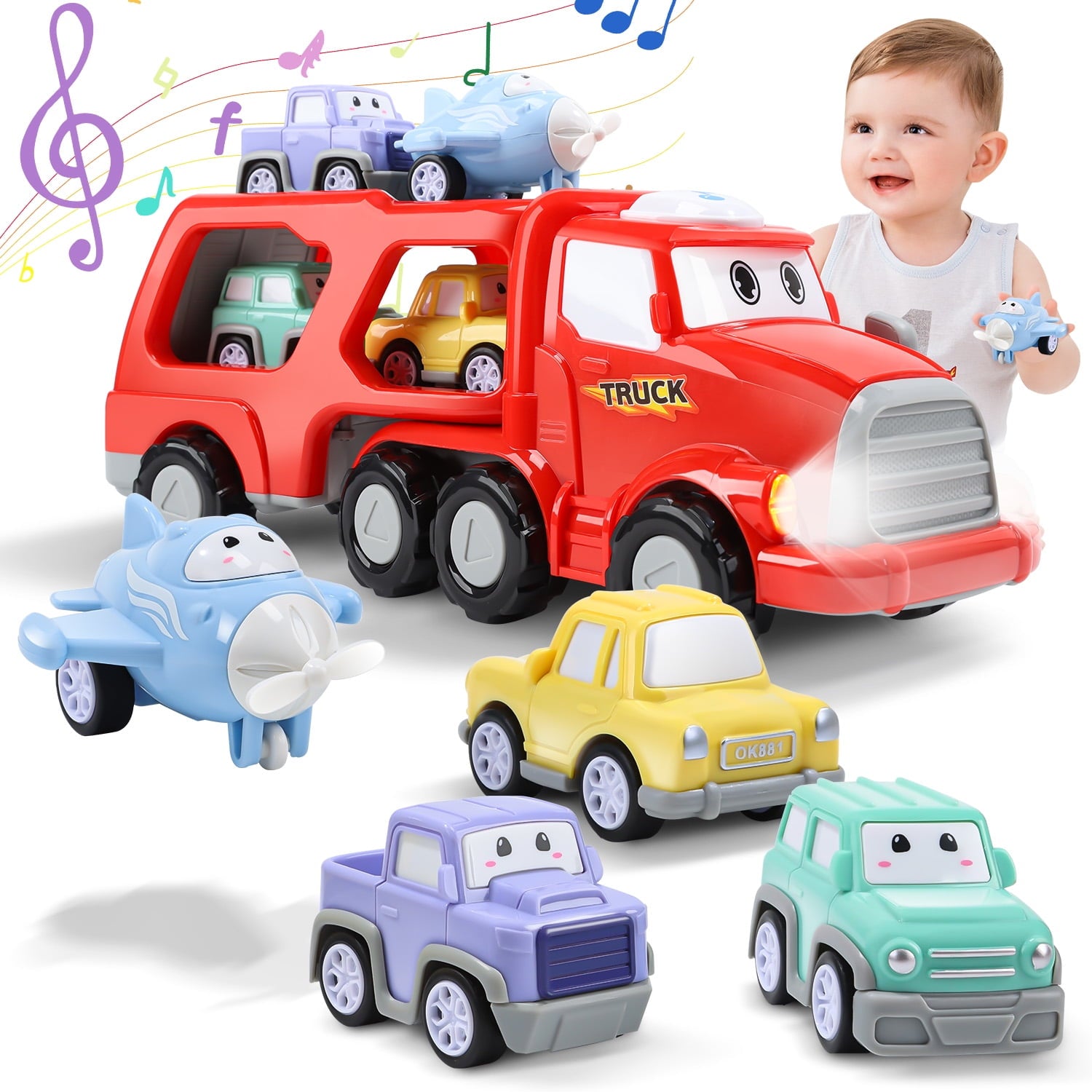 JoyStone 5 in 1 Carrier Transport City Vehicles Toys with Light and Sound, 3 Pull Back Cars & 1 Pull Back Airplane, Carrier Toys for Kids for Kids Age 3-6, Christmas Birthday Gifts, Red