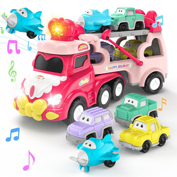 JoyStone 5 in 1 Carrier Truck Toy Cars for Toddlers 1-3 with Light and Sound, Christmas Birthday Gifts, Pink