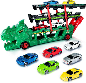 JoyStone 6 in 1 Dinosaur Truck Toy with Diecast Race Cars, Dinosaur Carrier Truck with 4 Expandable Levels and Cars Launcher, Gift for 2-6 Years Old Preschool Kids, Green