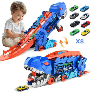 JoyStone Dinosaur Transport Truck Toy with 8 Metal Cars, 3-in-1 Dino Hauler with Sliding Race Tracks, Transforms into Triceratops, Gift for Kids Ages 3-7