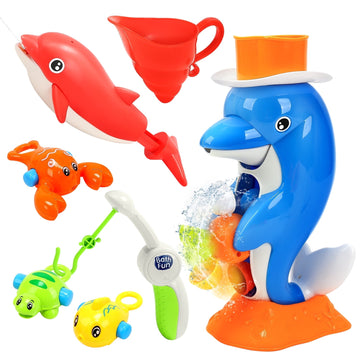 JoyStone 6 PCS Dolphin Bath Toys with Colorful Whirling Wheel, Fishing Games for Toddlers Boys Girls, Blue