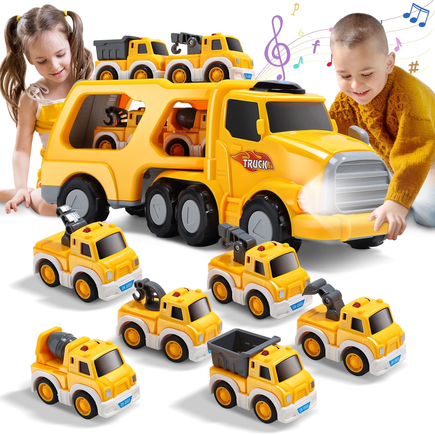 JoyStone 7 in 1 Construction Pull Back Construction Vehicles Friction Power Cars with Light and Sound, Carrier Toys for Kids for Kids Age 3-6, Christmas Birthday Gifts, Yellow