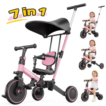 JoyStone 7 in 1 Foldable Tricycle for Toddlers with Adjustable Canopy, Detachable Backrest, Adjustable Seat and Handle and Parental Control Handle, Balance Bike for 1-4 Year Old Boys and Girls, Pink
