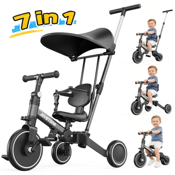 JoyStone 7 in 1 Foldable Tricycle for Toddlers with Adjustable Canopy, Detachable Backrest, Adjustable Seat and Handle and Parental Control Handle, Balance Bike for 1-4 Year Old Boys and Girls, Black