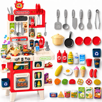 JoyStone 40-Inch Kids Play Kitchen with Lights, Sounds and Steam, Pump Faucet, Oven, 104 Pieces, Ages 3+, Red