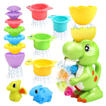 JoyStone 9 PCS Dinosaur Bath Toy with Colorful Spin Wheel Mini Dinosaur and Stacking Cup Watering Bottle Toy for Toddler Boys Girls, Green
