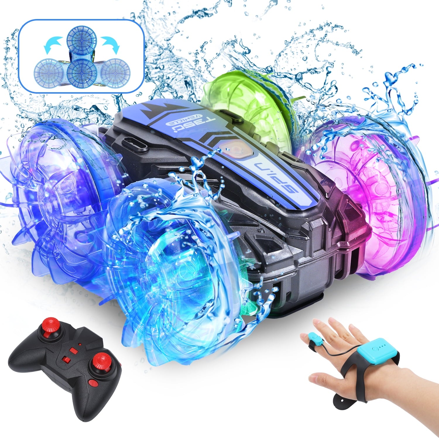 JoyStone Amphibious RC Car, 4WD Gesture RC Car with Waterproof Remote Control, All Terrain RC Stunt Car with LED Lights, 360??Rotate for Kids