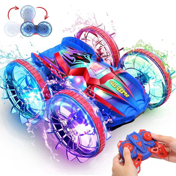 JoyStone Amphibious Remote Control Car Boat with LED Lights, 4WD RC Stunt Car Toy for Boys Girls, Water Beach Pool Toys for Kids Ages 8-12, Red