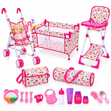 JoyStone Baby Doll Play Set with 12" Baby Doll, Stroller, High Chair, Doll Bed and Accessories, Doll Care Nursery Playset for Girls Ages 3+