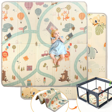 JoyStone Baby Play Mat, 50" X 50" Extra Large Reversible Foam Play Mat, Non-Toxic Foldable Animal Print Waterproof Crawl Mat for Toddlers and Babies