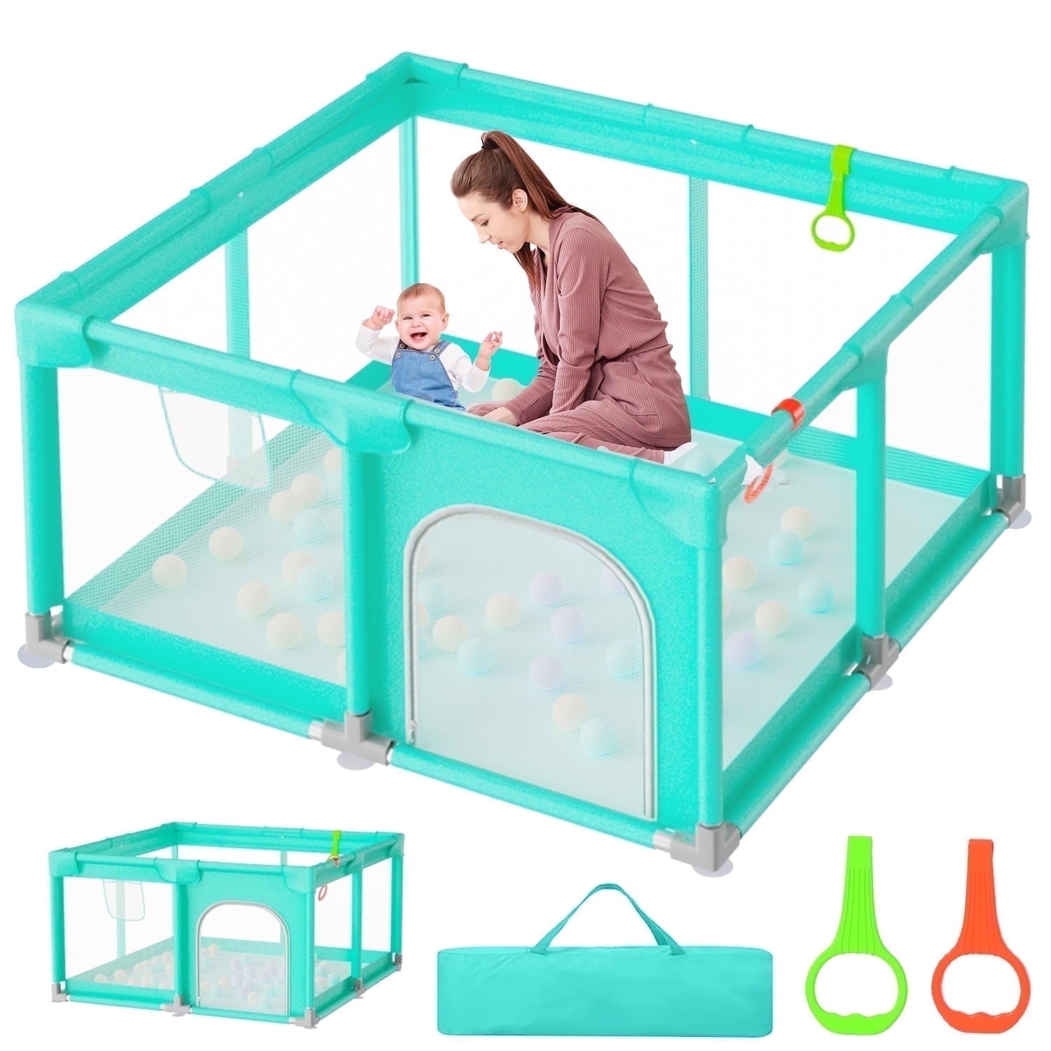 JoyStone Baby Playpen 50''x50'' Inches, Safe Non-Slip Base Play Yard with Soft Breathable Mesh, 2 Pull-Up Rings & Carry Bag, Sturdy Indoor & Outdoor Baby Activity Center for Toddlers, Green