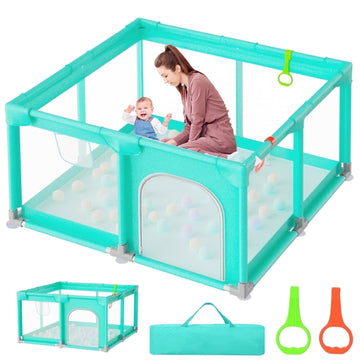 JoyStone Baby Playpen 50''x50'' Inches, Safe Non-Slip Base Play Yard with Soft Breathable Mesh, 2 Pull-Up Rings & Carry Bag, Sturdy Indoor & Outdoor Baby Activity Center for Toddlers, Green